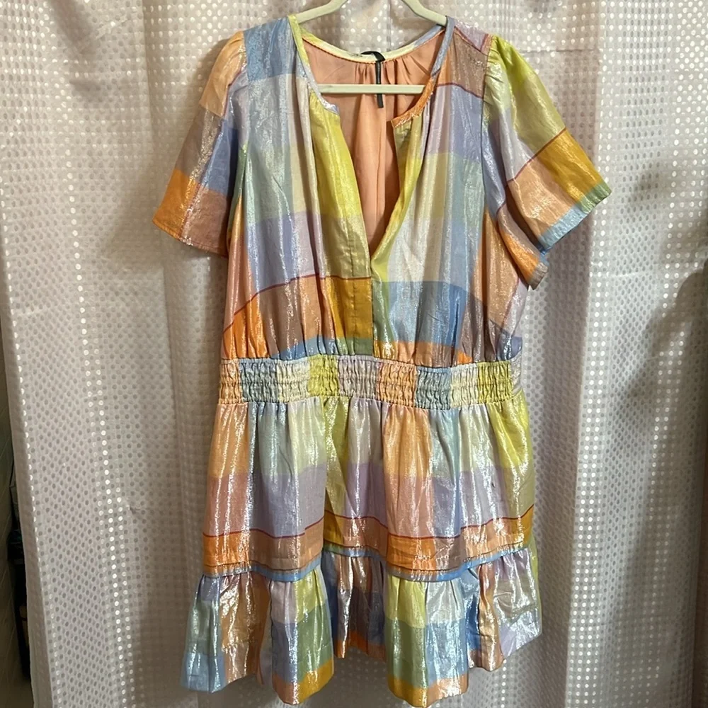 Anthropologie Pastel Stripe Mini Dress in Peach, Yellow & Blue - Picture 4 of 13